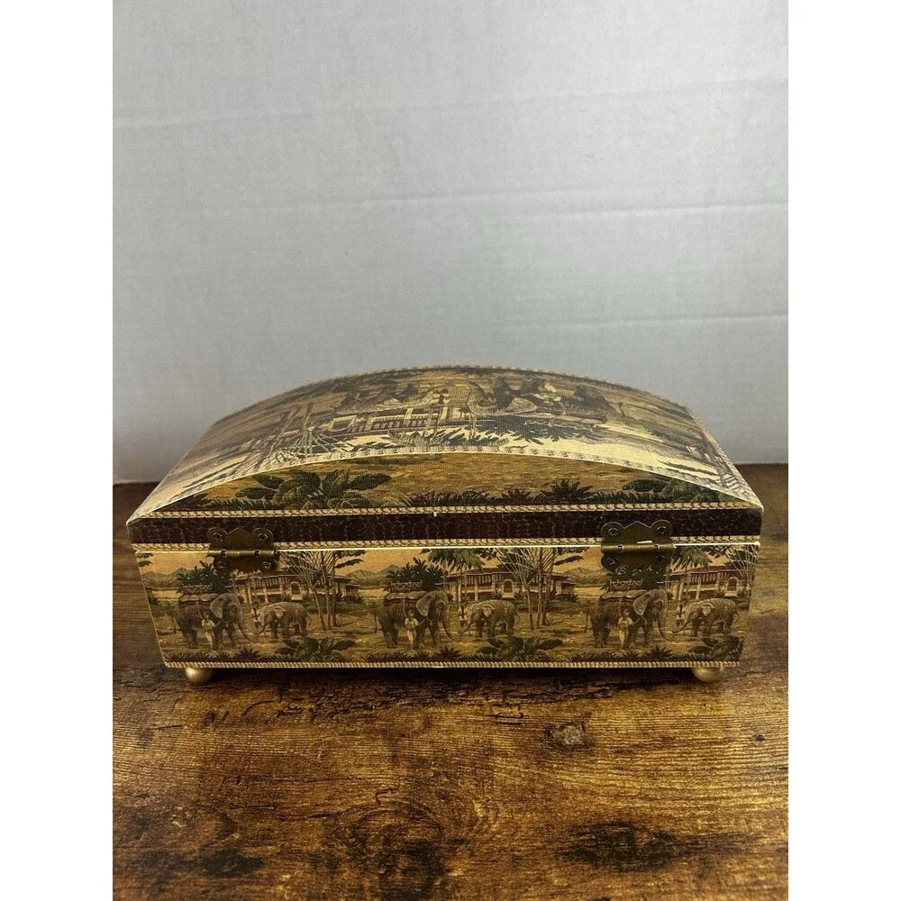 Wood Keepsake Chest Box Jungle Elephant Design Hinge Lid Decorative Storage Case